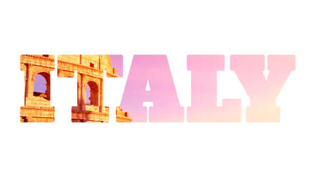 Word italy made of photo of coliseum, isolated on white backgroundの写真素材
