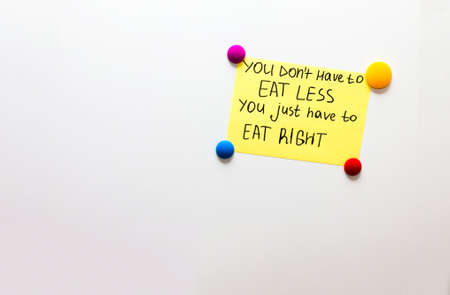 fridge (refrigerator) note with quote about good healthy food (diet)の写真素材