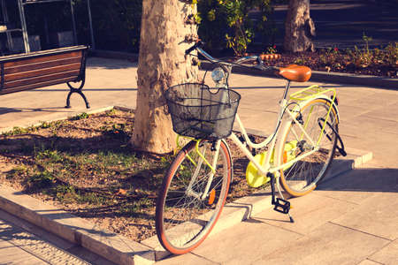 green classic modern bicycle with basket on the sunset near the treeの写真素材