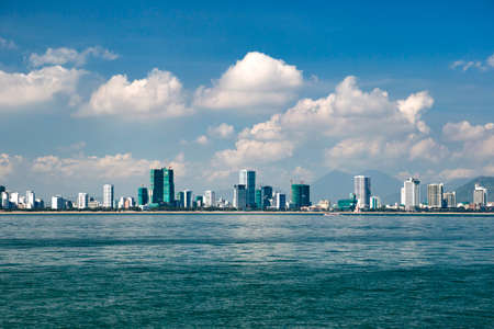 view from the South China Sea on the coast and the beach of Nha Trang city, Vietnamの写真素材