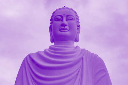 large statue of a white Buddha in lotus position near a Buddhist pagoda (Trendy duotone effect) の写真素材
