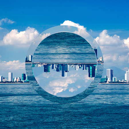 cityscape with a view of the sea shore with skyscrapers. Trendy minimalist Polyscape effect with...