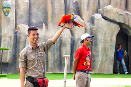 man the birds trainer with doing tricks parrot on bird's show Vietnam, Nha Trang City, Vinpearl Amusement Park 2018-01-12のeditorial素材