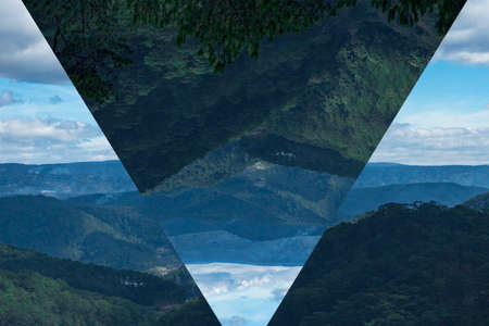 foggy forest green mountain landscape.Trendy minimalist Polyscape effect with triangle