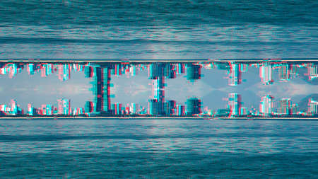 reflection view on the city with modern skyscrapers on the blue sky background and the sea. Trendy Glitch effect の写真素材