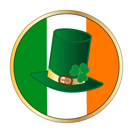 Icon of national flag of Ireland, round button with metal golden frame with St. Patricks Day symbol: Green leprechaun hat cylinder with green and gold colored clover leaf. Vector EPS10 illustrationのイラスト素材
