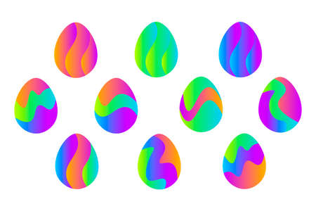 Set of different modern trendy easter eggs with bright creative neon colors and futuristic flow liquid shapes decor. White background. Vector EPS 10 illustration.のイラスト素材