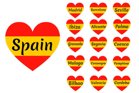 Heart shaped Spain flag with inscription of city name: Spain, Madrid, Barcelona, Palma, Ibiza, Alicante, Seville, Granada, Segovia, Malaga, Pamplona, Bilbao, Valencia, Cordoba. Vector illustrationのイラスト素材