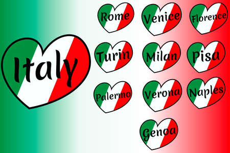 Set of heart shaped Italy flags with inscription of city name: Rome, venice, florence, turin, milan, pisa, palermo, verona, naples, genoa. Vector EPS10 illustration.のイラスト素材