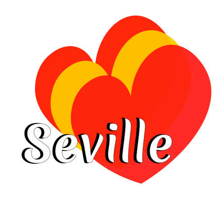 Three heart shape elements with colors of  national flag of Spain (Europe) with inscription of city name: Seville in modern style.  Simple logo for souvenirs, t-shirts. Vector EPS10 illustration.のイラスト素材
