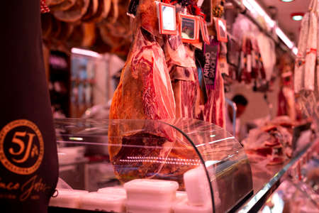 spanish traditional iberico jamon premium meat on the famous market in Barcelona, Catalonia, Spain. 30 April, 2019のeditorial素材