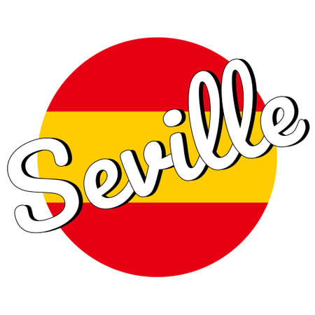 Round button Icon of national flag of Spain with red and yellow colors and inscription of city name: Seville in modern style. Vector EPS10 illustration.のイラスト素材