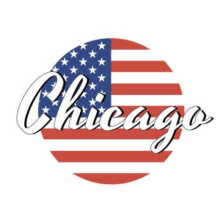 Circle button Icon of national flag of The United States of America with red and blue colors and inscription of city name: Chicago in modern style. Vector EPS10 illustration.のイラスト素材
