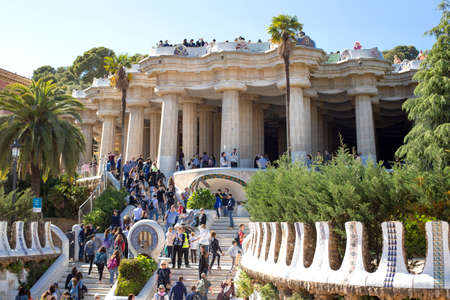 A large group of tourists in the Park Guell, one of the most famous sights in Barcelona, Catalonia, Spain 2019-05-01のeditorial素材