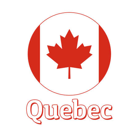 Round button Icon of national flag of Canada with red maple leaf on the white background and lettering of city name Quebec.のイラスト素材