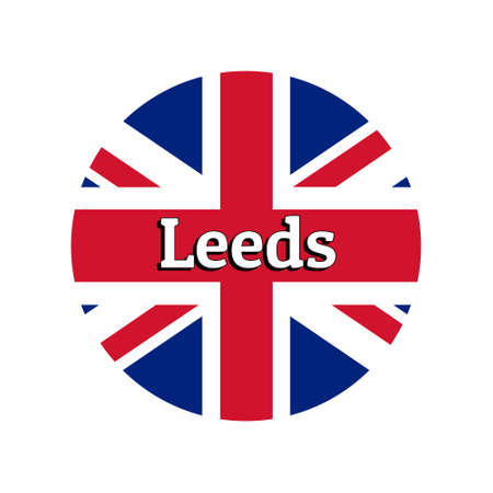 Round button Icon of national flag of United Kingdom of Great Britain. Union Jack on the white background with lettering of city name Leeds.のイラスト素材