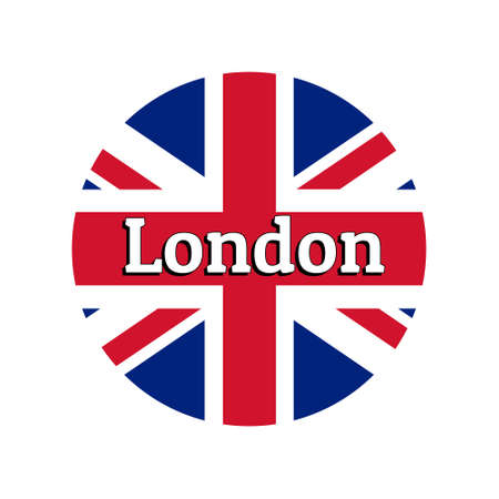 Round button Icon of national flag of United Kingdom of Great Britain. Union Jack on the white background with lettering of city name London.のイラスト素材