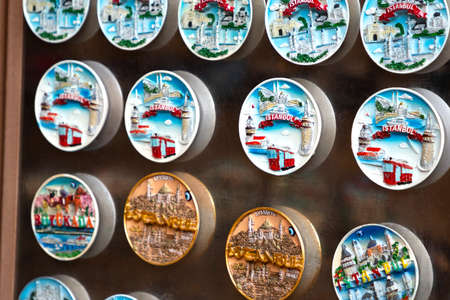 Showcase with fridge magnets. Shopping and travel concept. Souvenirs from Istanbul, Turkey. 2019-08-10のeditorial素材