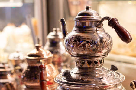 Traditional turkish teapot. Popular souvenir from Turkey. Authentic elegant kettle, Istanbul 2019-08-11のeditorial素材
