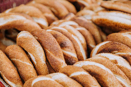 Traditional circular bread simit with sesame seeds, also known as Turkish bagel.の写真素材