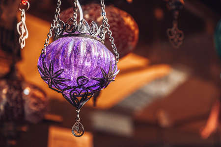 Shop with traditional mosaic multi colored turkish lamps or lanterns. Popular souvenir from Turkey.