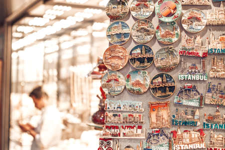 Showcase with fridge magnets. Shopping and travel concept. Souvenirs from Istanbul, Turkey. 2019-08-13.のeditorial素材