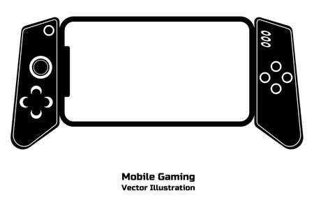 Modern mobile gaming smartphone with attached gamepad. Gadget for mobile gaming. New actual esport technology accessories. Black flat sign or icon. White background.のイラスト素材
