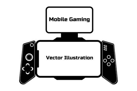 Modern mobile gaming smartphone with attached gamepad and dual screen twin view. Gadget for mobile gaming. New actual esport technology accessories. Black flat simple sign or icon. White backgroundのイラスト素材