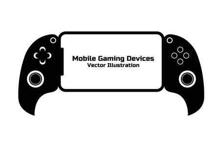 Modern mobile gaming smartphone with attached gamepad. Gadget for mobile gaming. New actual esport technology accessories. Black flat simple sign or icon. White background.のイラスト素材
