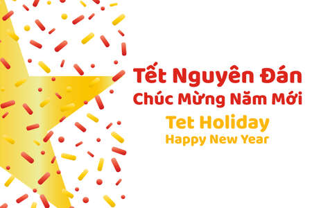 Vietnamese Lunar New Year or Tet Holiday. Inscription Tet Holiday and happy new year on vietnamese and english languages..Vector template for background, banner, card, poster with text inscription.のイラスト素材