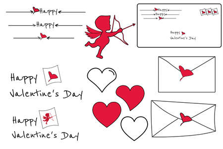 Valentines Day set with envelope, hearts, cupid. Holiday collection. Template for background,...