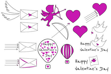 Valentines Day set with envelope, hearts, cupid, air balloon. Holiday collection. Template for...