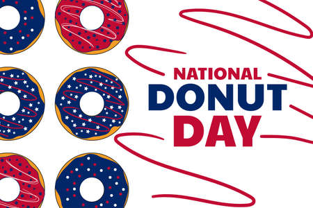 National Donut Day. Holiday concept. Template for background, banner, card, poster with text inscription. Vector EPS10 illustration.のイラスト素材
