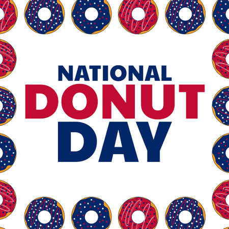 National Donut Day. Holiday concept. Template for background, banner, card, poster with text inscription. Vector EPS10 illustration.のイラスト素材