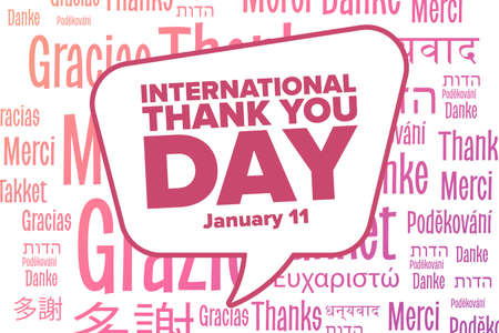International Thank You Day. January 11. Inscription Thank You in different languages. Holiday concept. Template for background, banner, card with text inscription. Vector illustration.のイラスト素材
