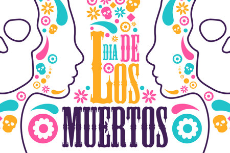 Inscription Day of the Dead in Spanish. Dia de los Muertos holiday concept. Template for background, banner, card, poster with text inscription. Vector illustration.のイラスト素材