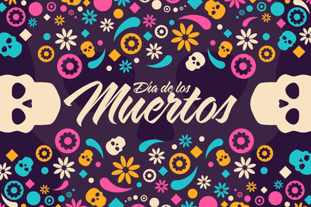 Inscription Day of the Dead in Spanish. Dia de los Muertos holiday concept. Template for background, banner, card, poster with text inscription. Vector illustration.のイラスト素材