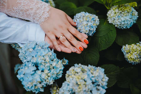 Young married couple holding hands, ceremony wedding dayの写真素材
