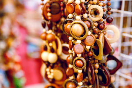 beads made of wood. Close-up. Brightly.の写真素材