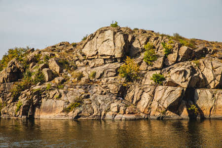 Rocky riverbank. Khortytsia - largest island in the River Dnieper located in the city Zaporizhia, Ukraineの写真素材