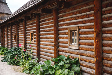 Zaporozhye, Ukraine - 21 April 2018: National Reserve Khortytsia. Protection of the Virgin Church in the centre of the Cossacks - Zaporizhzhya Sich. Wooden structure.のeditorial素材