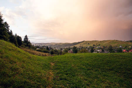Views of the Carpathians - this is a beautiful country in the mountains of the Carpathians after sunset. Carpathians are located in Ukraine. In the Carpathians, beautiful nature.の写真素材