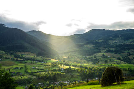 Views of the Carpathians - this is a beautiful country in the mountains of the Carpathians after sunset. Carpathians are located in Ukraine. In the Carpathians, beautiful nature.の写真素材