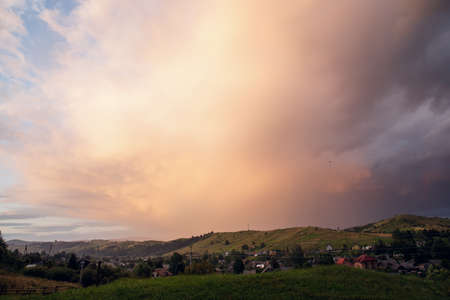 Views of the Carpathians - this is a beautiful country in the mountains of the Carpathians after sunset. Carpathians are located in Ukraine. In the Carpathians, beautiful nature.の写真素材