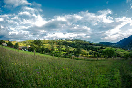 Views of the Carpathians - this is a beautiful country in the mountains of the Carpathians after sunset. Carpathians are located in Ukraine. In the Carpathians, beautiful nature.の写真素材
