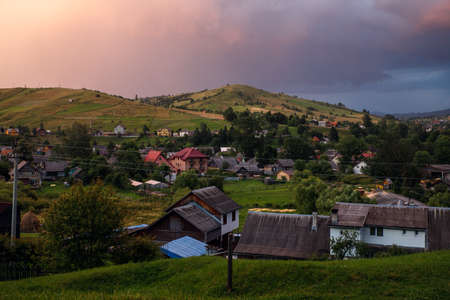 Views of the Carpathians - this is a beautiful country in the mountains of the Carpathians after sunset. Carpathians are located in Ukraine. In the Carpathians, beautiful nature.の写真素材