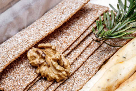 Walnut on biscuit texture, walnut kernel. Healthy food from walnuts.の写真素材