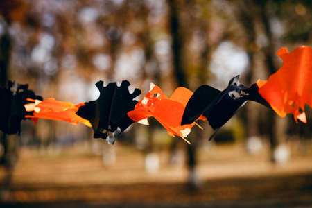 DIY crafts for Halloween. Decorations for the Halloween holiday made with your own hands. background for the Halloween holiday. paper crafts, pumpkins, ghosts, bats, spiders.の写真素材