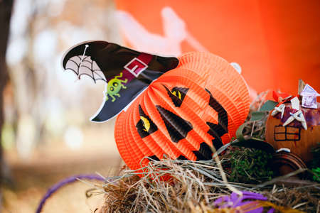 DIY crafts for Halloween. Decorations for the Halloween holiday made with your own hands. background for the Halloween holiday. paper crafts, pumpkins, ghosts, bats, spiders.の写真素材