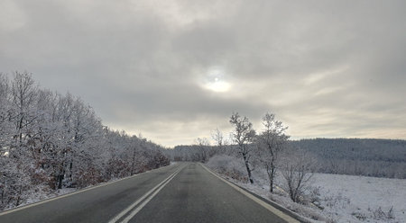 Winter road in the forest with snow-covered trees and cloudy skyの写真素材
